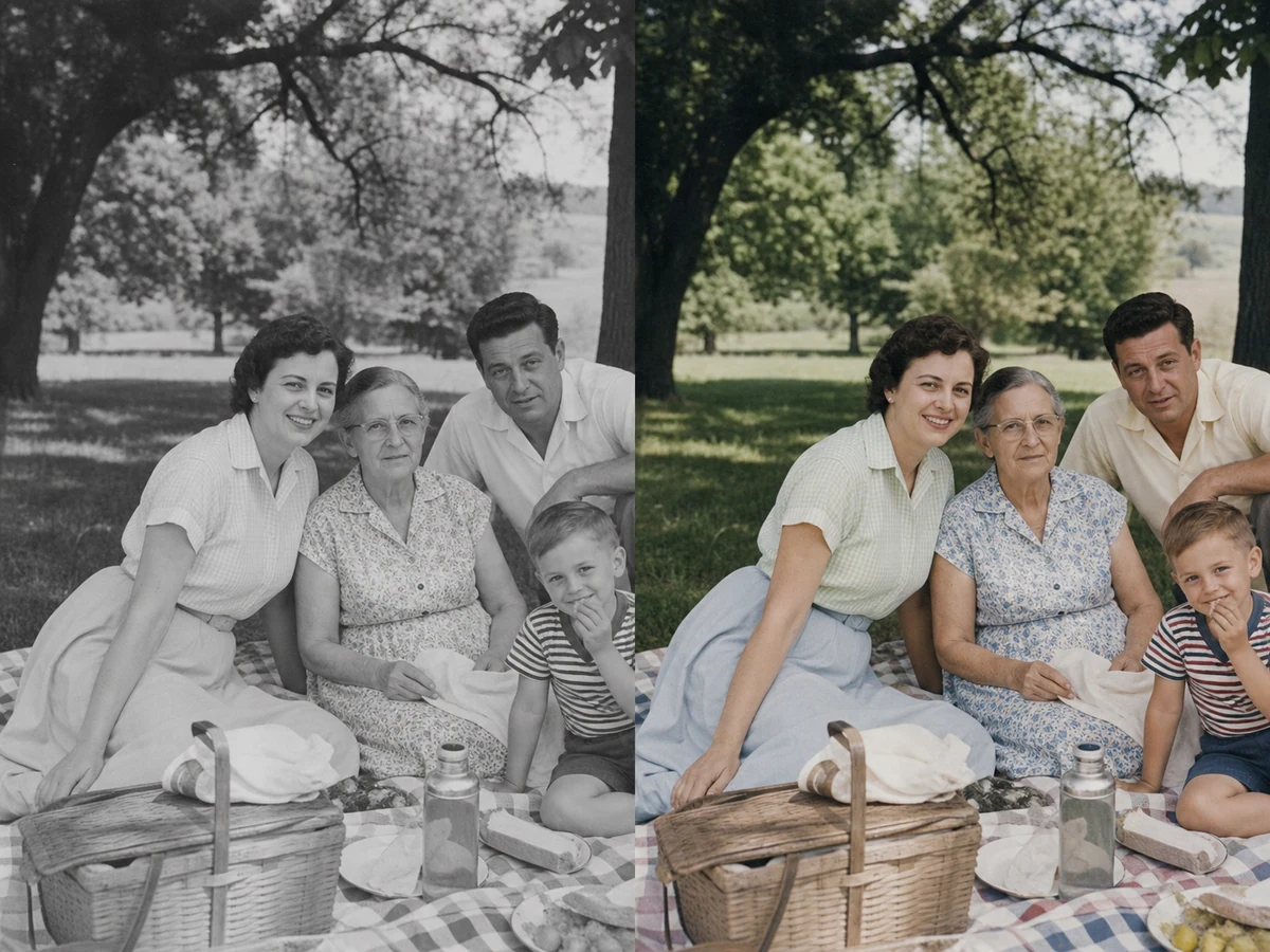 Чёрно-белая семейная фотография после естественной ИИ-колоризации