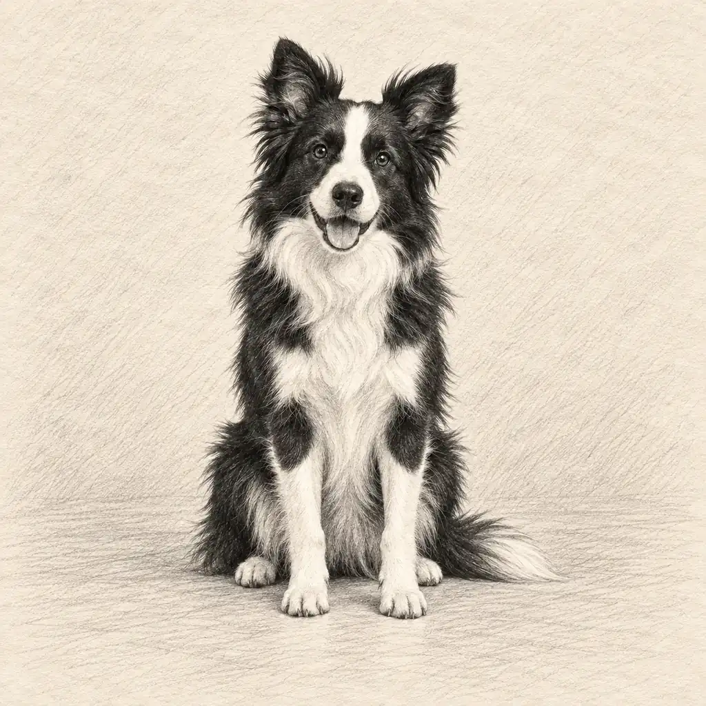 Border collie hitam putih duduk dalam foto dan gambar pensil