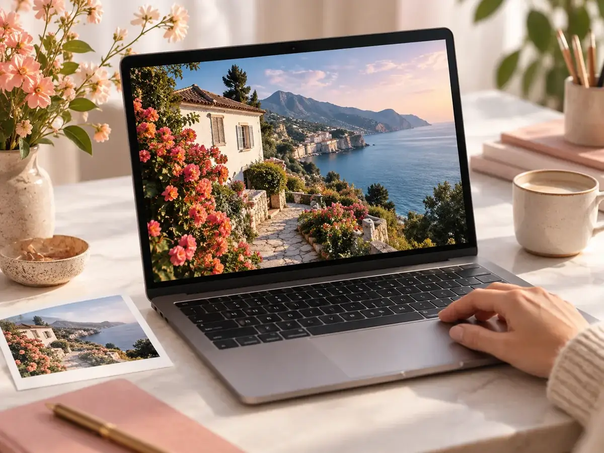 Laptop menampilkan foto pesisir di meja terang