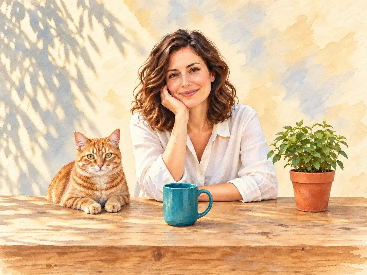 Wanita, kucing, dan meja kafe yang sama dalam foto dan contoh gaya cat air
