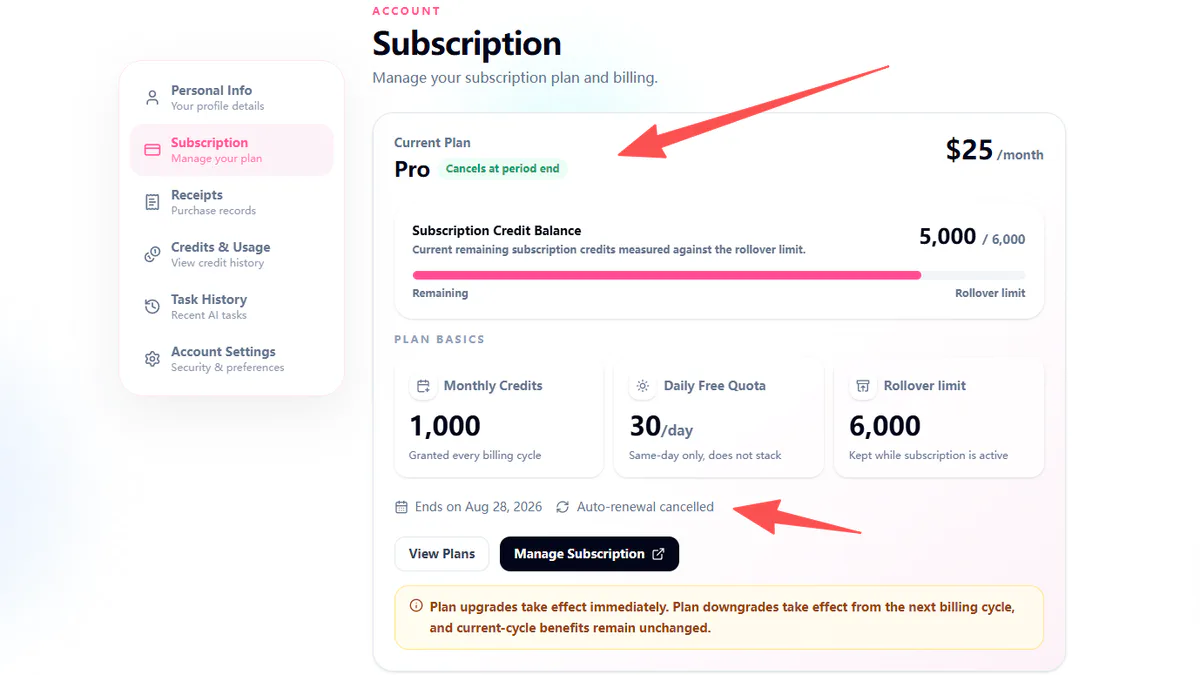 4. Confirm that Subscription shows auto-renewal canceled. Access continues through the current paid period.