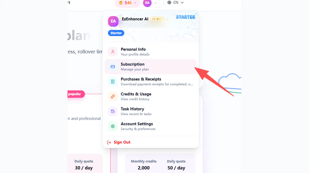 2. Open Subscription or My Plan.