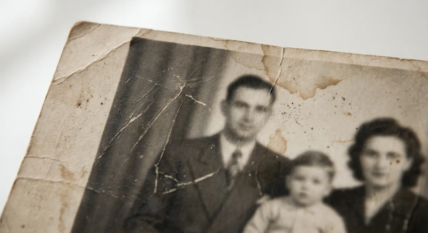 Damaged vintage photo showing various deterioration types