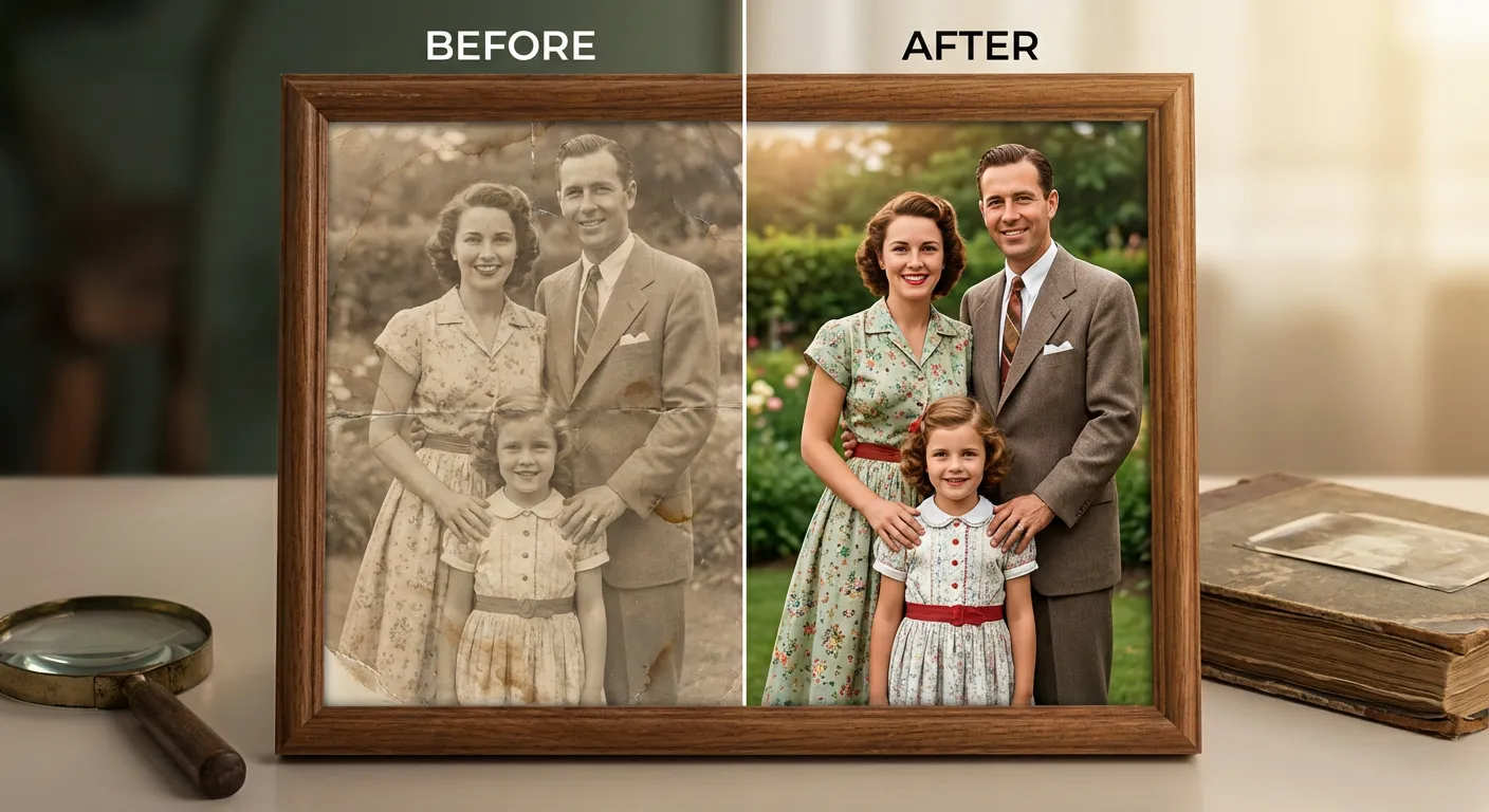 Before and after family photo restoration