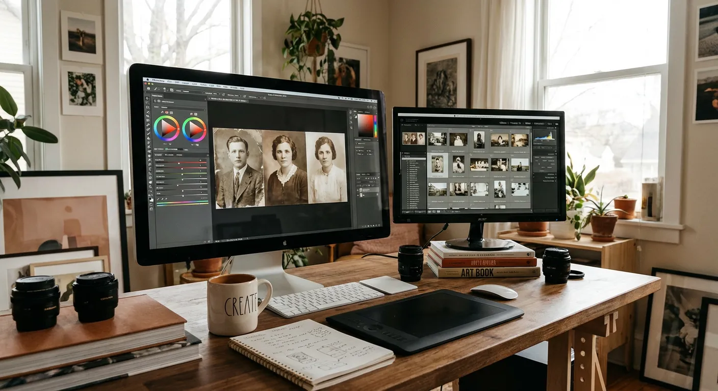 Professional photo editing workspace