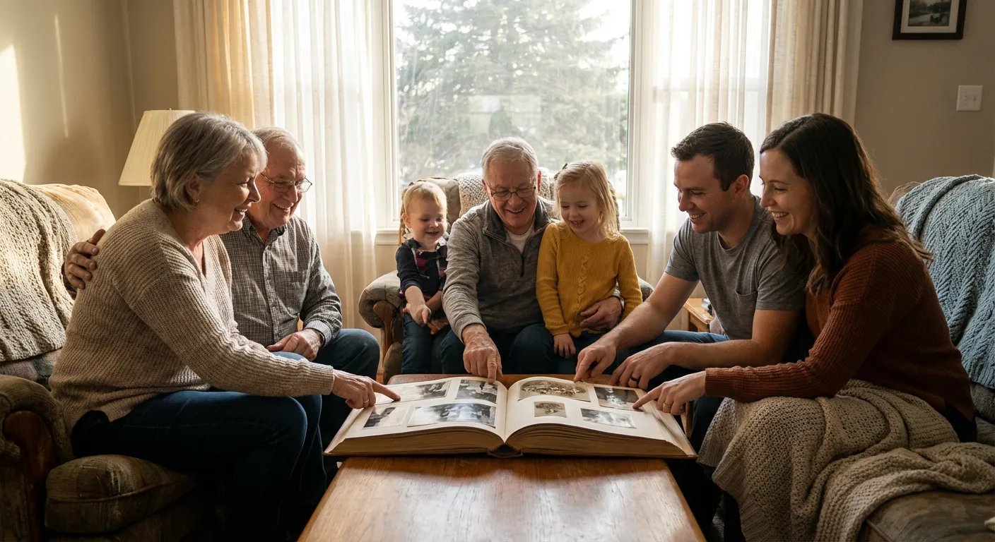 Family enjoying restored photographs together