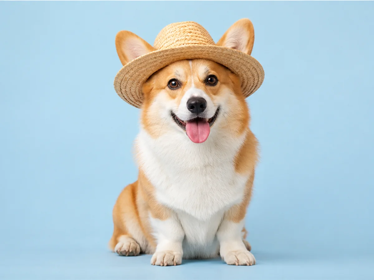 Antes y después de sustituir las gafas de sol de un corgi por un sombrero de paja con IA