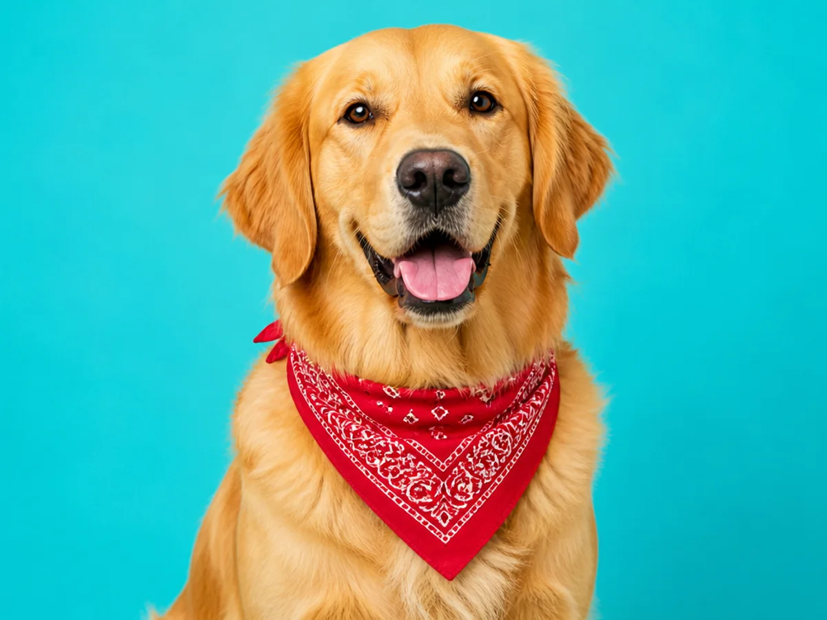 Golden retriever antes y después de reemplazar el collar por un pañuelo rojo