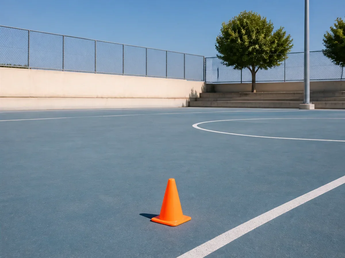 Pista deportiva antes y después de quitar un cono naranja con Magic Eraser