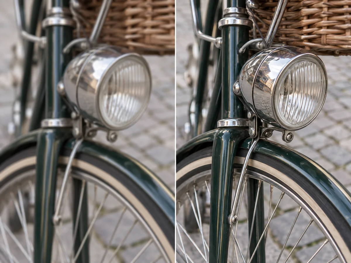 自転車のライトと車輪のシャープ化前後の比較