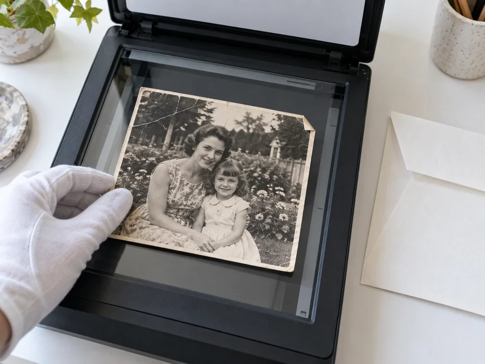 Tarayıcı üzerine yerleştirilmiş çizik eski aile fotoğrafı