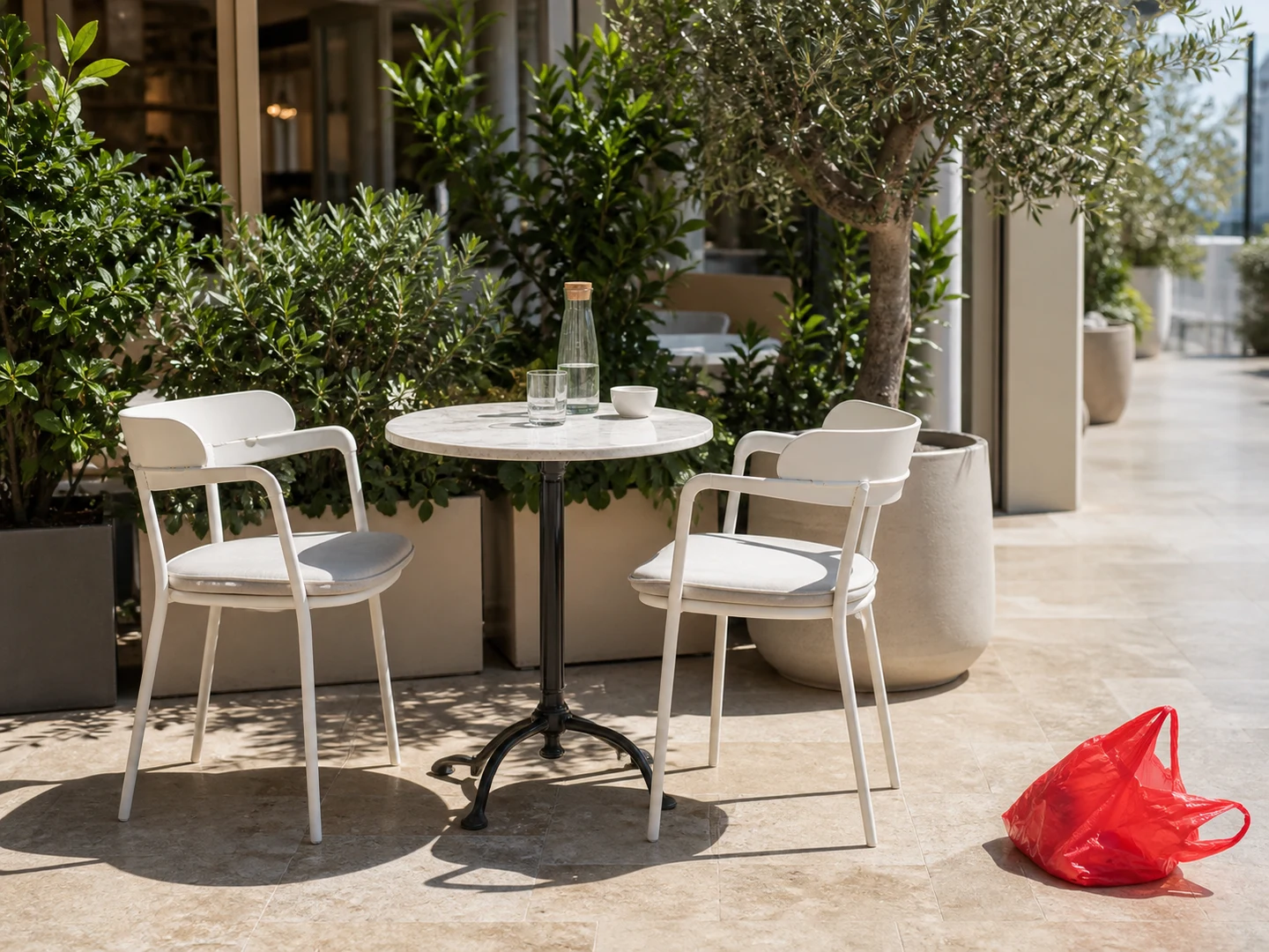 Outdoor cafe photo with an unwanted red bag