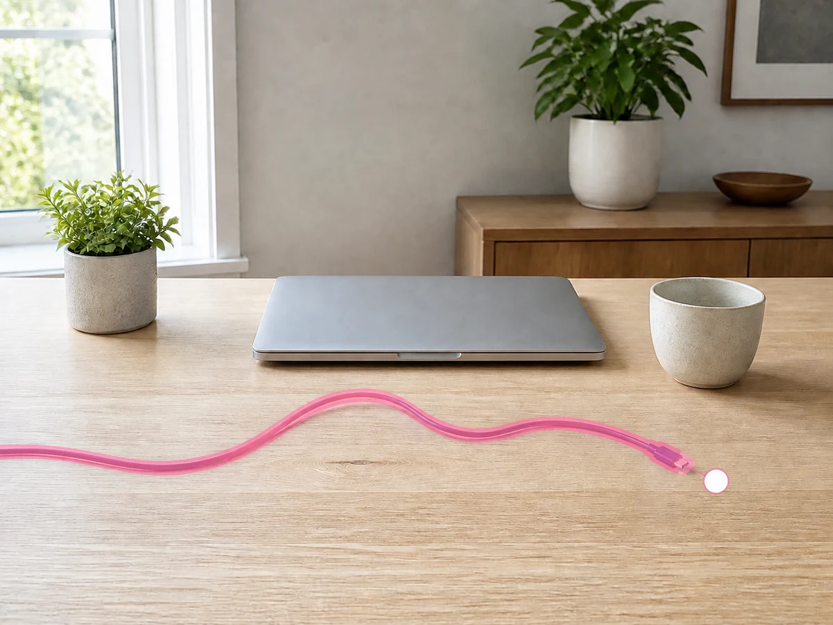 Blue cable precisely covered with the pink Magic Eraser brush mask