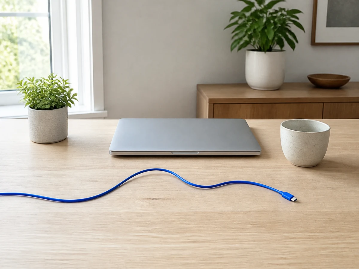 Original home office photo with an unwanted blue cable on the desk
