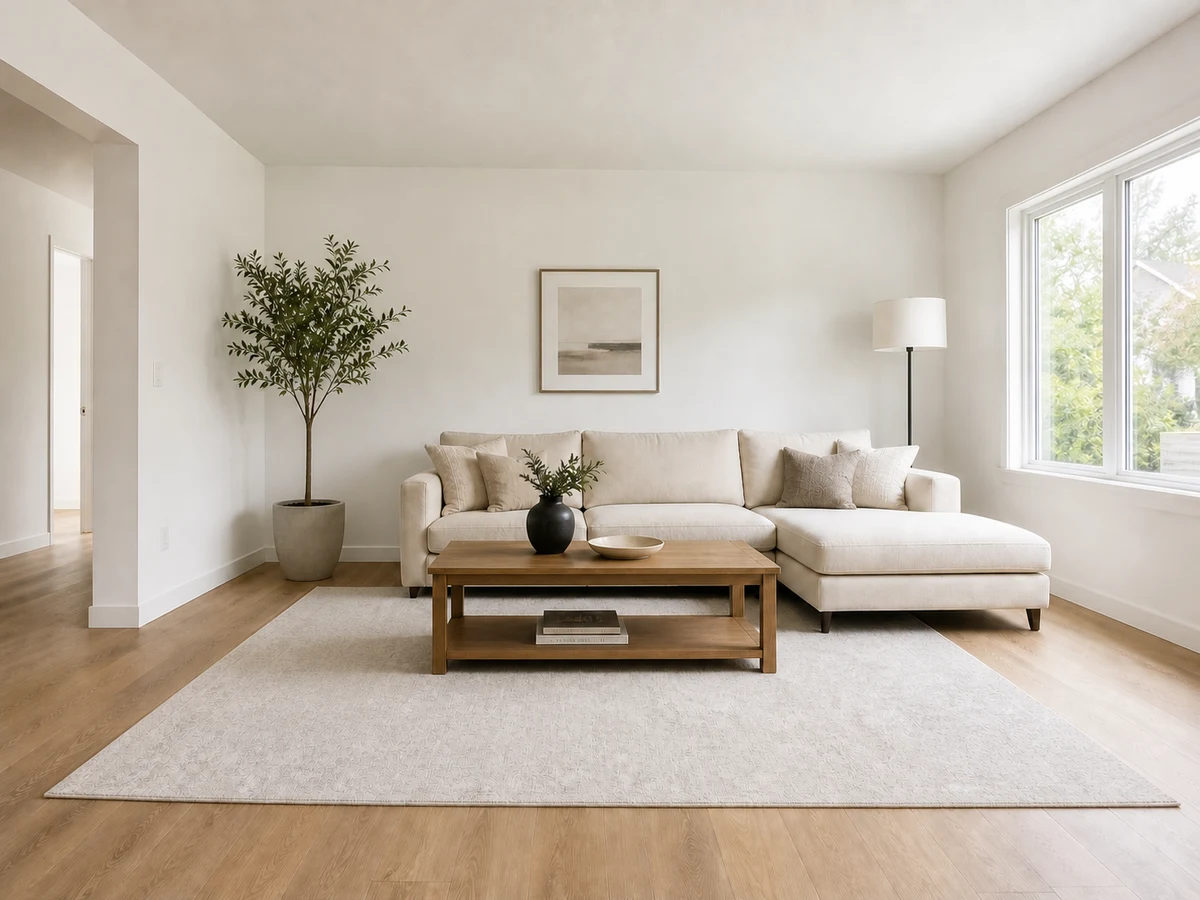 Interior listing photo before and after removing a vacuum cleaner