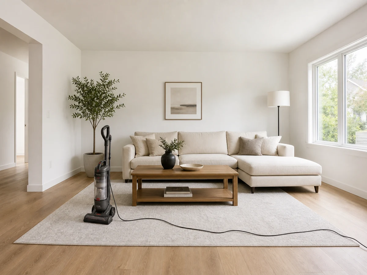 Interior listing photo before and after removing a vacuum cleaner