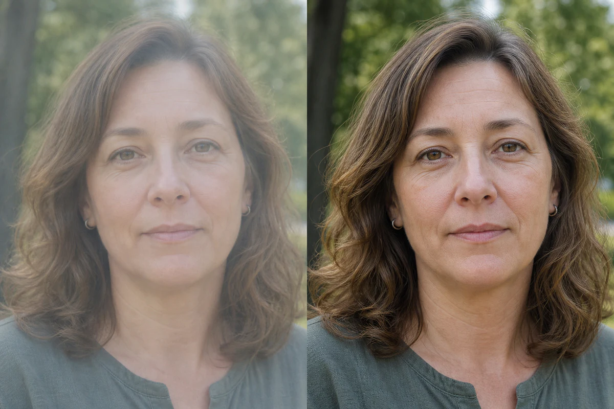 Portrait before and after improving clarity, detail, contrast, and noise with Image Enhancer