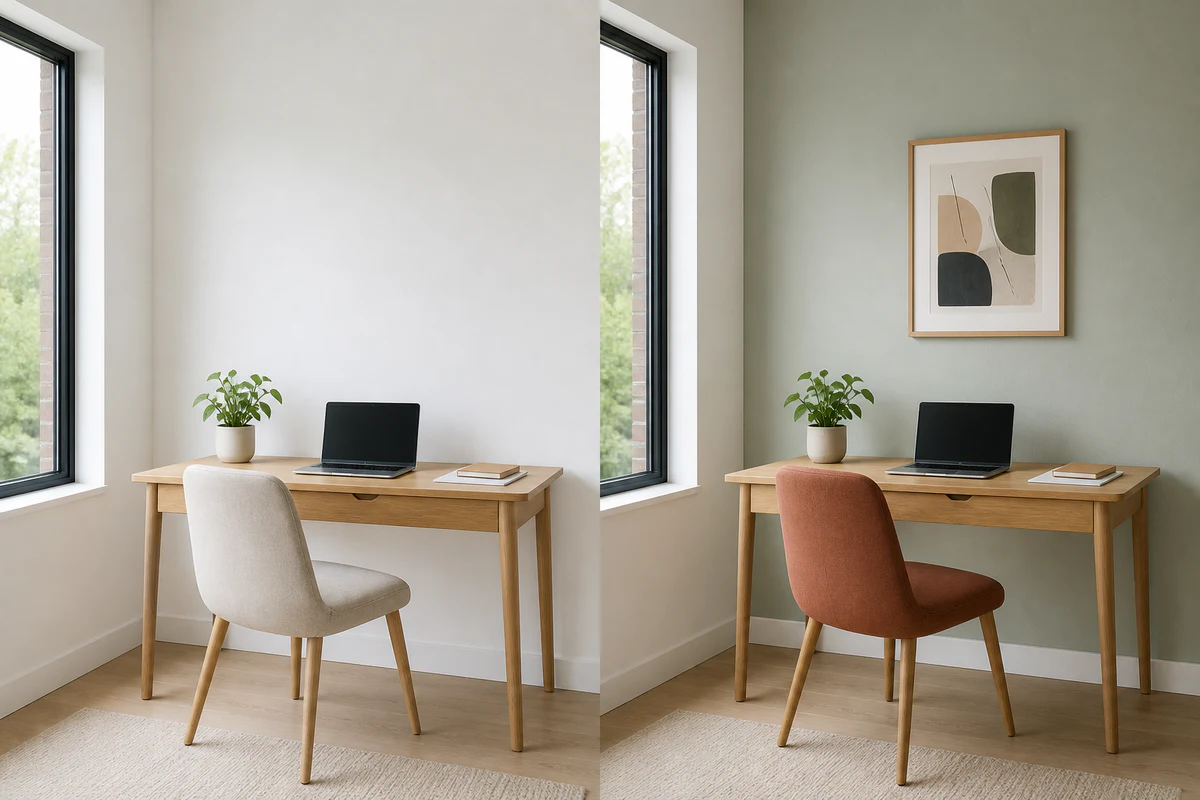 Home office before and after prompt-guided wall, artwork, and chair color edits