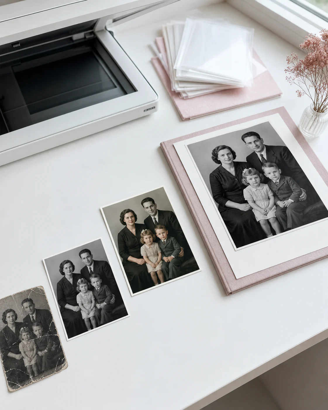Old photo restoration workflow from a damaged original to a restored album print
