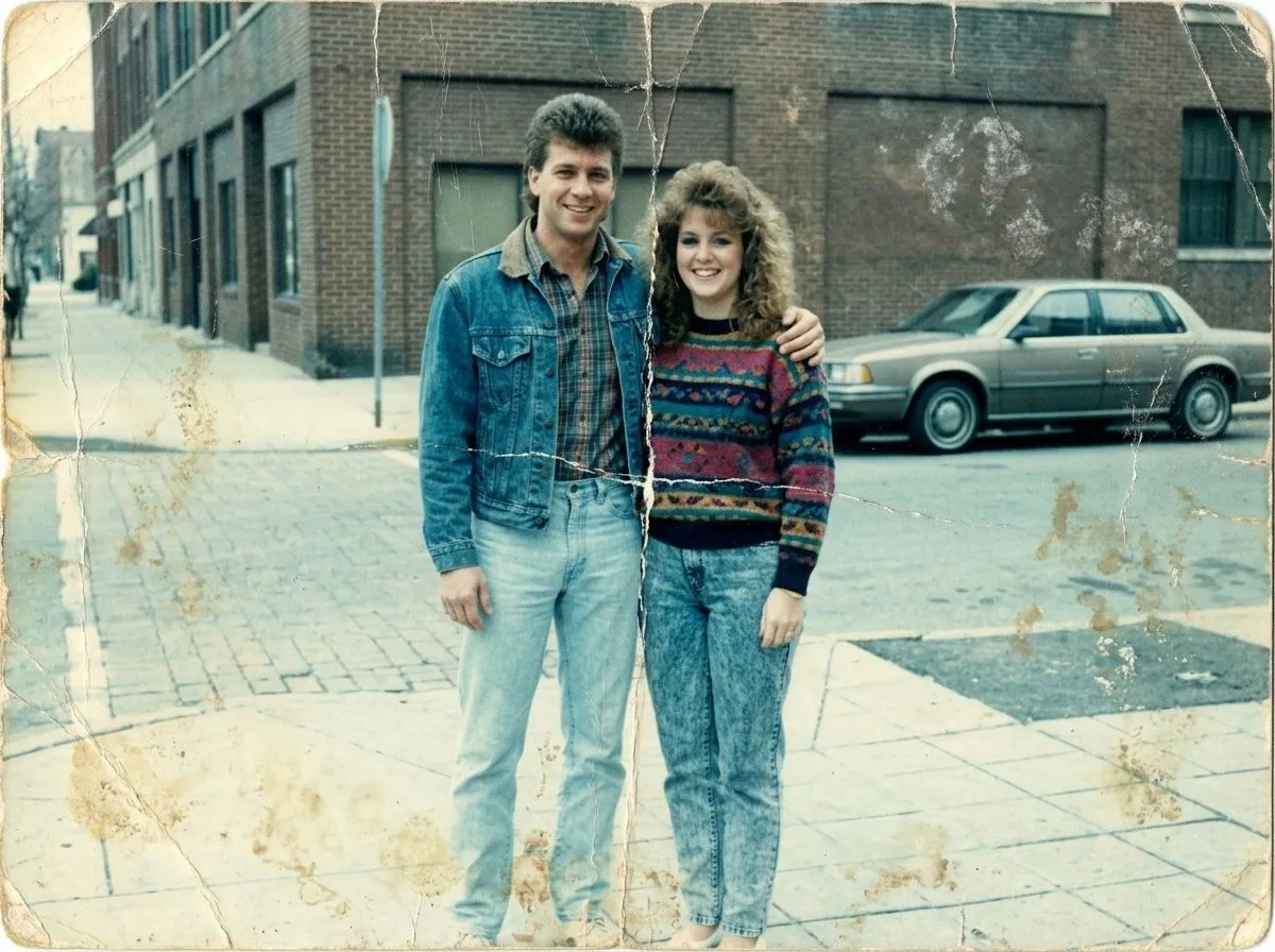 Old photo restoration comparison showing a faded damaged portrait restored with more clarity