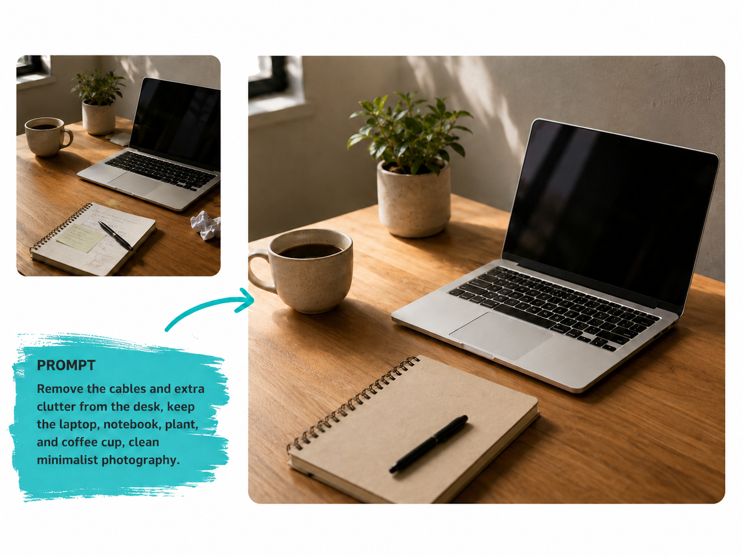 AI photo editor example removing desk clutter for a clean workspace