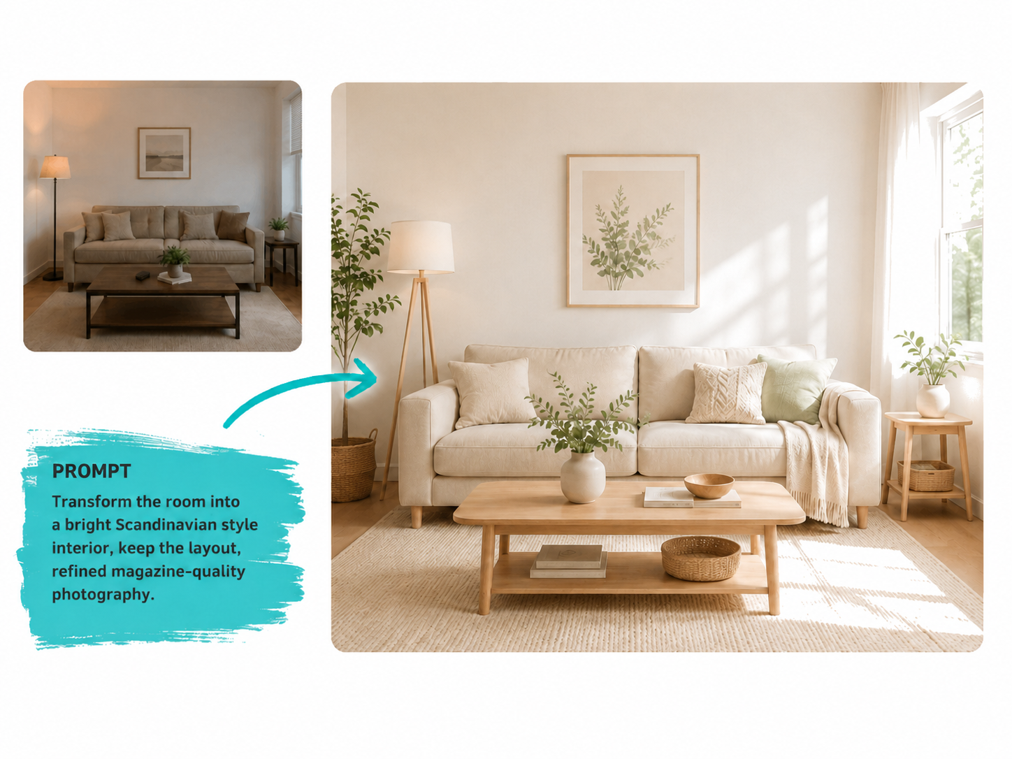 AI photo editor before and after example for bright Scandinavian room redesign