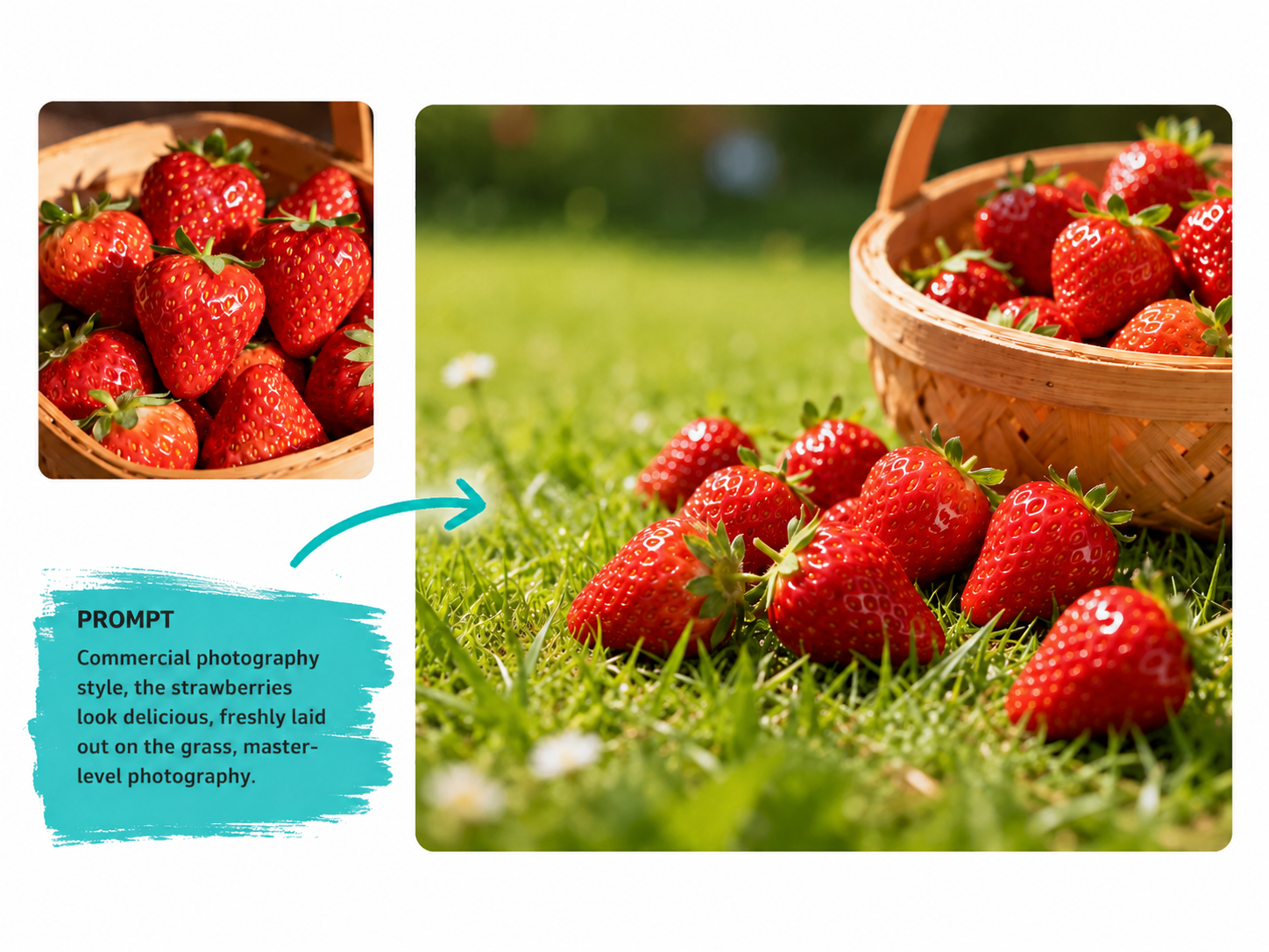 AI photo editor example creating commercial strawberry product photography